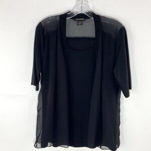 Susan Lawrence Top Women Large Black Cardigan Attached Blouse Semi Sheer Flowy